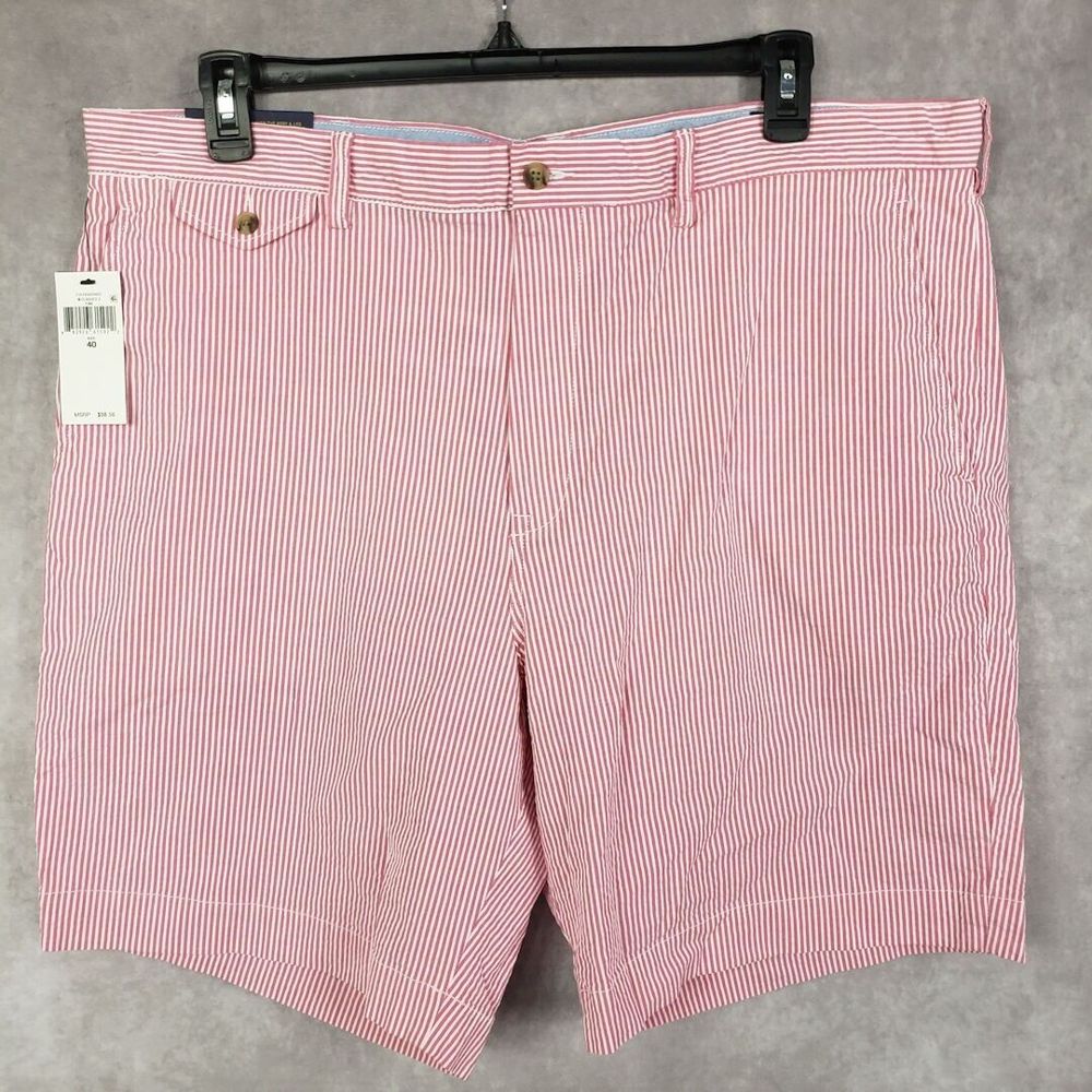 Polo Ralph Lauren Shorts Mens 40 Pink Striped Seersucker 9" Classic-Fit Preppy - Picture 1 of 11